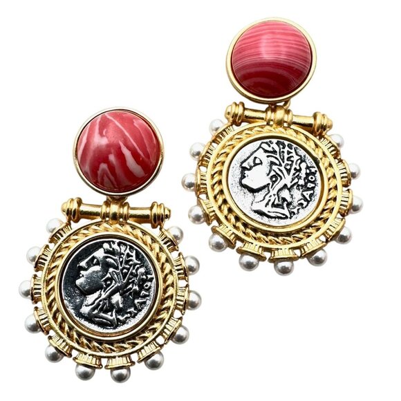 Womens Earrings Pierced Roman Coin Faux Pearl Pink Gold Tone Chandelier - Picture 1 of 4